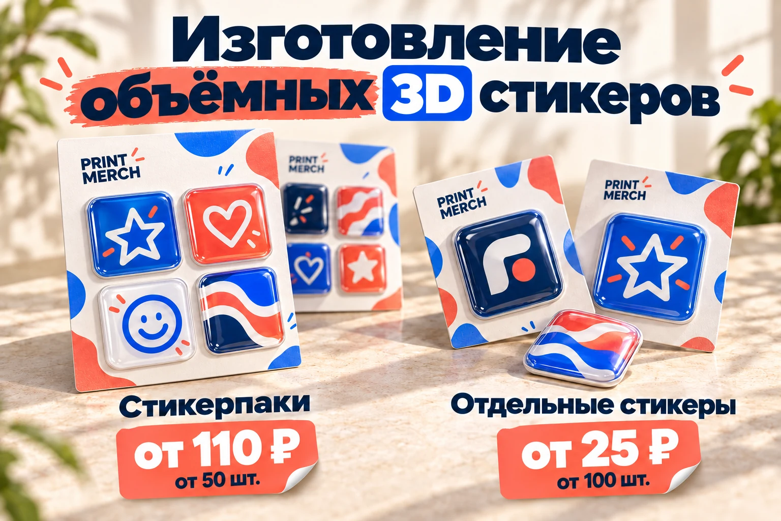Изготовление объёмных 3D-стикеров. Стикерпаки от 110 рублей при заказе от 50 штук; отдельные стикеры от 25 рублей при заказе от 100 штук.