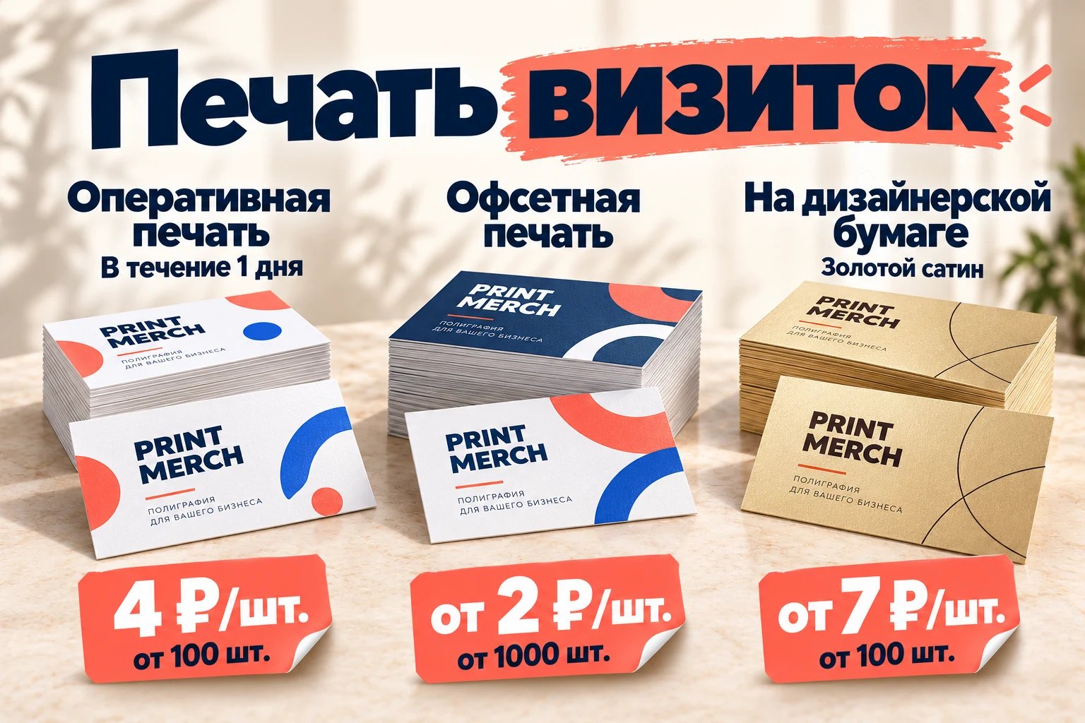 Печать визиток: оперативная — 4 рубля за штуку от 100 штук, офсетная — от 2 рублей за штуку от 1000 штук, на дизайнерской бумаге — от 7 рублей за штуку от 100 штук.