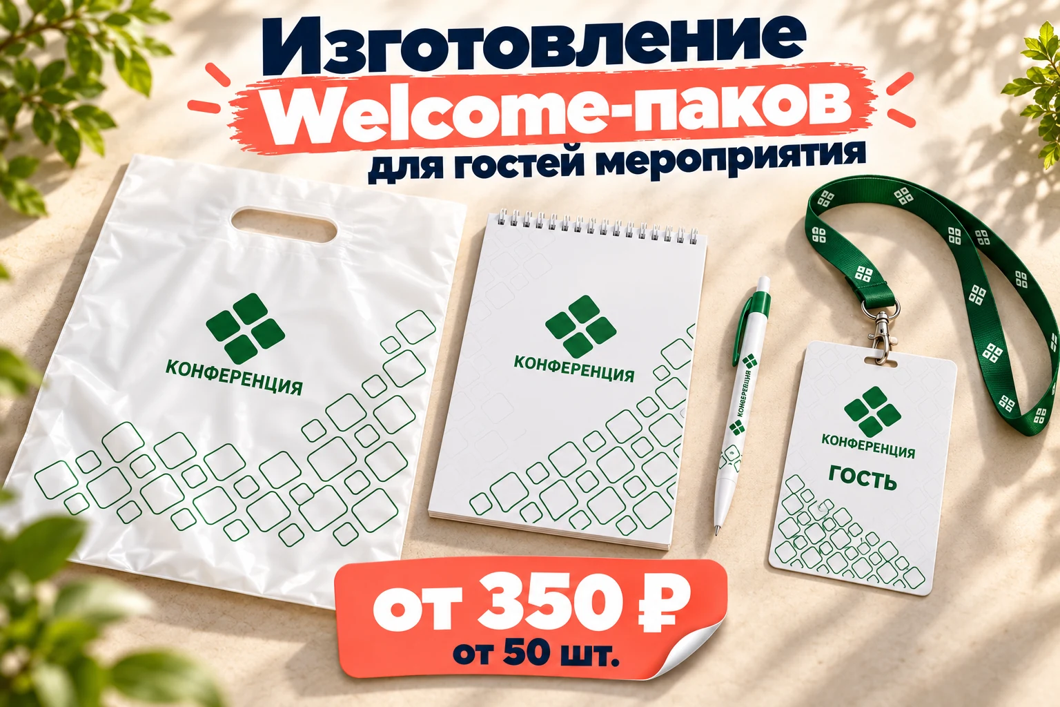 Изготовление welcome-паков для гостей мероприятия: пакет, блокнот, ручка и бейдж. От 350 рублей при заказе от 50 штук.